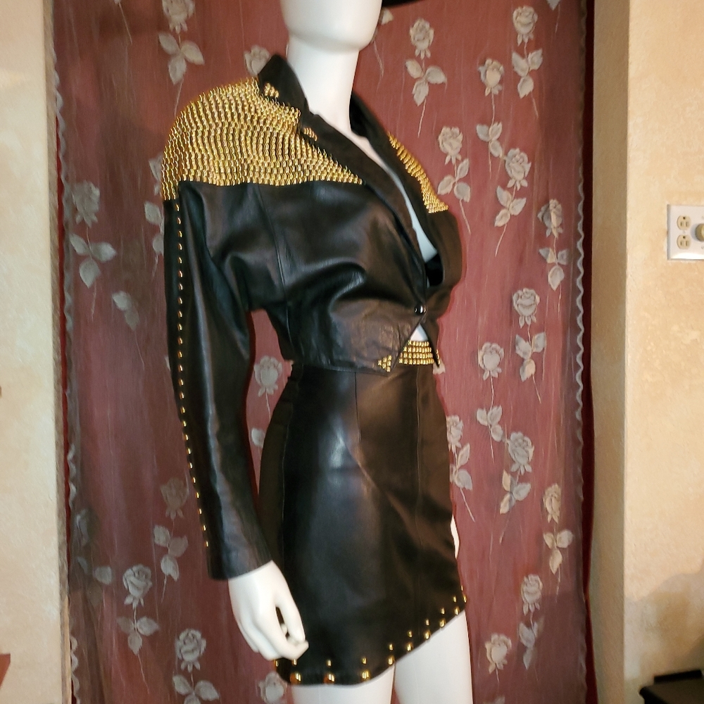 Black Leather w/ Gold Studs Skirt & Jacket Set